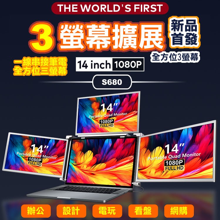 【新品首發】【海外代購 - 快速到貨】S680 Silver銀 筆記型電腦14吋 16:9 筆電全方位擴充USB螢幕 左右上三向三屏 FHD IPS面板 一線雙屏 隨插即用 - AKODA 芯夢想科技館 - 芯科大科技有限公司 AKODA Technology Master Ltd.