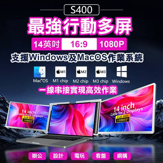 【預購07/18 陸續出貨】【益師傅 MQTT 2025 專案 限量：50台】S400 Silver銀 筆記型電腦14吋 16:9 行動擴充USB螢幕 左右雙屏 FHD IPS面板 一線雙屏 隨插即用 - AKODA 芯夢想科技館 - 芯科大科技有限公司 AKODA Technology Master Ltd.